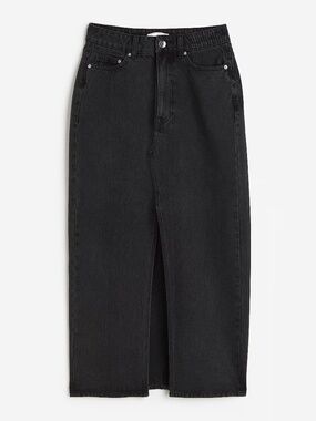 H&M Black Denim Midi Skirt Front Slit
